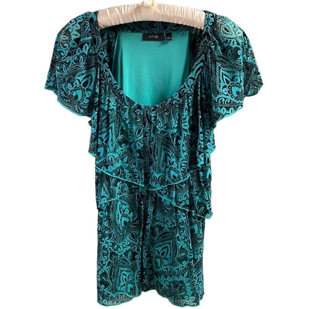 Apt 9 Ladies Layered Scoop Neck Dress Blouse Emerald Green Black Design SZ Small